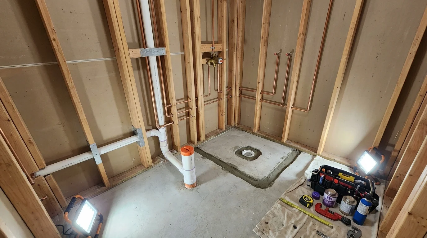 Bathroom rough-in plumbing during remodel by Johns Plumbing LLC in Oak Harbor