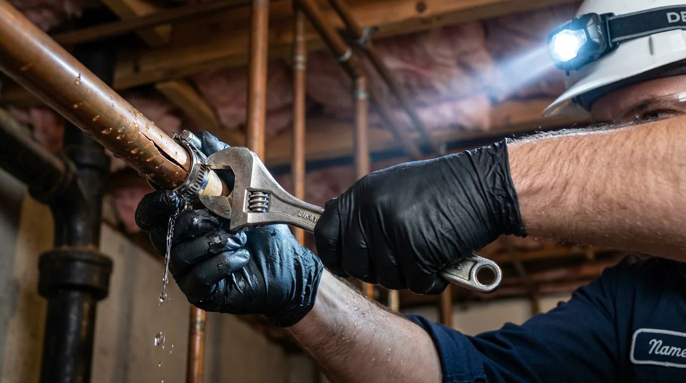 Emergency pipe clamp repair being performed by a Johns Plumbing LLC plumber in Oak Harbor