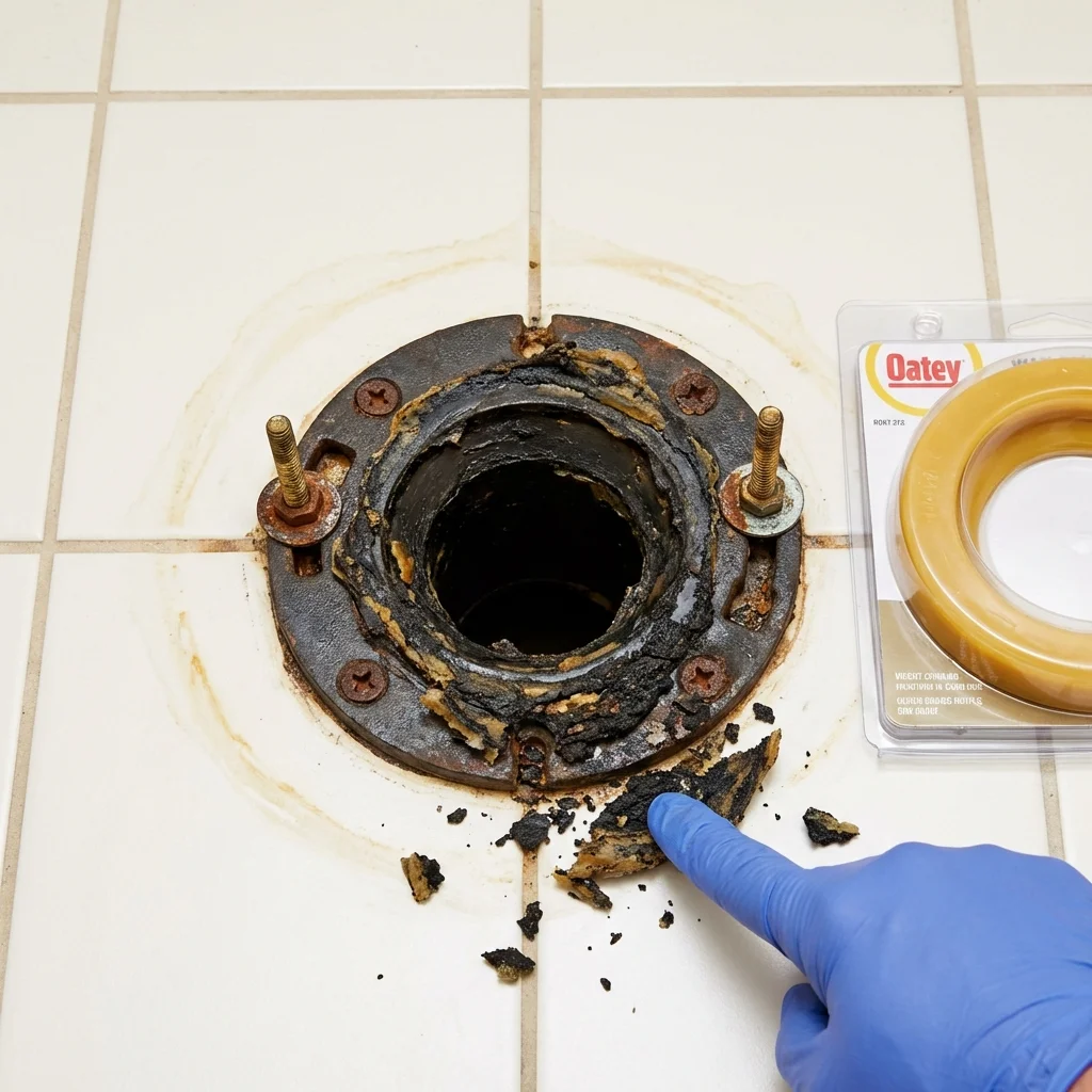 Failed wax ring showing water seepage at the base of a toilet in a Oak Harbor, WA home