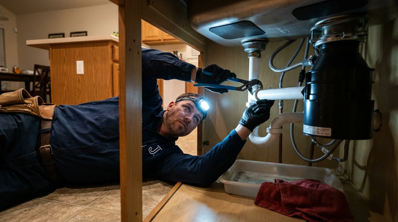 P-trap and supply line connections under a kitchen sink showing a common leak point in Oak Harbor, WA